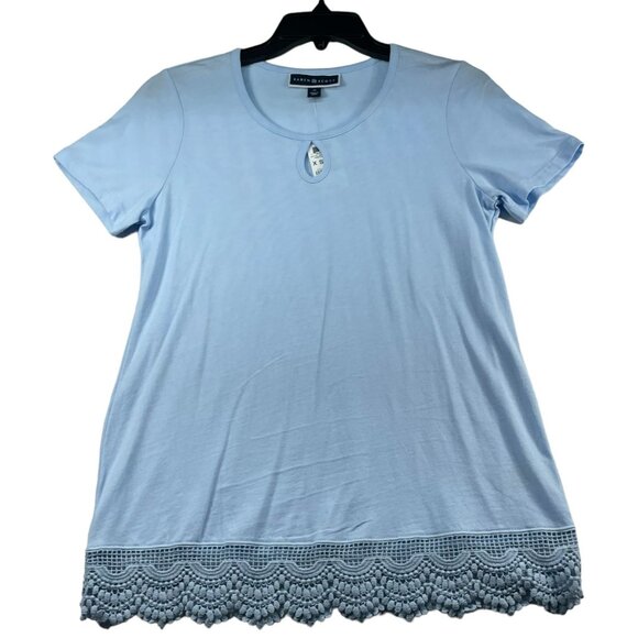 Karen Scott Tops - Karen Scott Blouse Womens size XS Blue Keyhole Short Sleeve Crochet Hem New